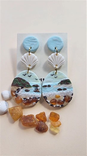 🌊 Little pieces of sea + amber #polymerclayearrings #handmadejewelry #claycraft
