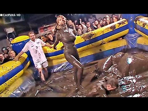 Reward for weather woman Sabine Hagedoren in The XII Works of Rob Vanoudenhoven: mud wrestling!