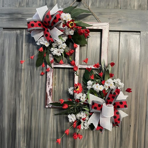 Spring Floral Window Frame Door Hanger, Farmhouse Window Wall Decor, Red & White Spring Door Decor, Rustic Floral Door Hanger - Etsy