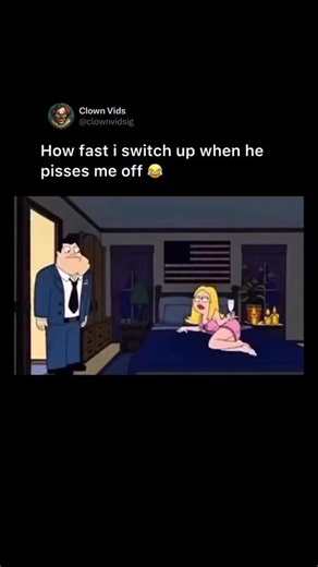 @clownvids on Instagram: "This classic “switch up” is a relatable moment captured from the iconic animated sitcom American Dad!, specifically featuring the character Francine Smith. In this scene, Francine abruptly transitions from a romantic mood to a list of excuses to avoid intimacy after being annoyed by her husband, Stan. The humor stems from the rapid-fire delivery of reasons ranging from a headache to an early morning meeting. This specific clip has become a viral sensation on social medi