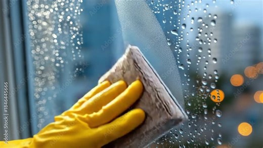 Window cleaner washing and cleaning a window with a squeegee
