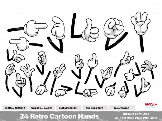 Retro Cartoon Glove Hands Clipart – Funny Hand Gesture Characters – Free Commercial Use - Etsy