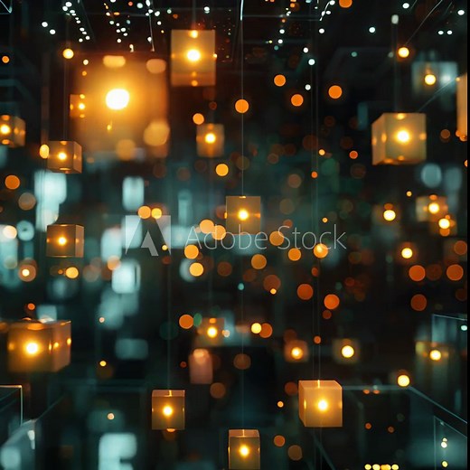 3D rendering of floating cubes with glowing edges and bright lights inside them against a dark background.