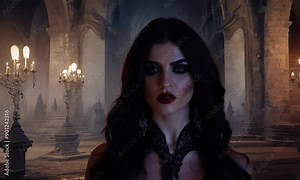 Gothic Queen: The haunting gaze of a woman in a gothic cathedral, surrounded by fog and candlelight. Halloween vampire