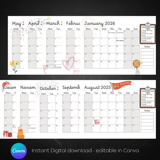 2025-2026 Editable Teacher/student Calendar, Assignment Organizer, Monthly View, Yearly Planning, Homework Guide - Etsy