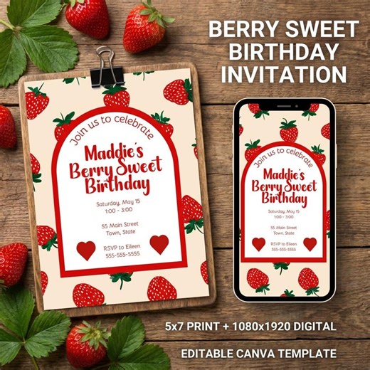 Strawberry Birthday Invitation Editable Canva Template, Berry Sweet Party Invite, Girl Birthday Printable, Fruit Theme Celebration - Etsy