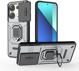 Mobile Phone Case for Xiaomi Redmi Note 13 4G Support Car Holder Sliding Window Shockproof Protective Phone Cover Military Cases Lens Protection Gray