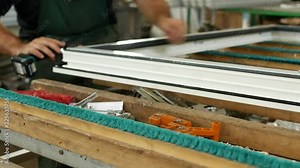 Production and manufacturing of pvc windows, the male worker assembles a pvc profile window, fastens the hinged parts, pvc window, screwdriver window