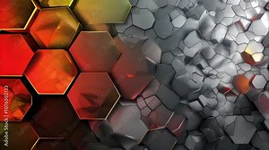 A patterned design featuring hexagonal shapes in warm colors on one side and a cracked, textured surface in grayscale on the other.