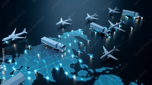 Visual representation of global logistics featuring trucks on a digital map. The animation highlights transportation routes connecting major regions, enhancing understanding of supply chains
