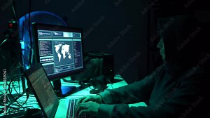 Internet fraud, darknet, data thiefs, cybergrime concept. Hacker attack on government server. Dangerous criminals coding virus programs.