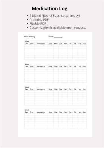 Medication Log Printable & Fillable PDF | Medicine Tracker | A4 and US Letter | Health Planner - Etsy