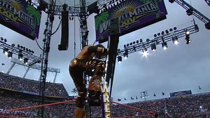 John Morrison delivers a top rope moonsault while holding a steel ladder in a Money in the Bank Ladder Match: WrestleMania 24