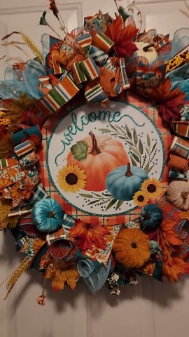 Autumn Teal and Orange Pumpkins 'welcome' Wreath: Rustic Fall Decor - Etsy
