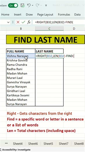 Extract last name easily using RIGHT, LEN & FIND in Excel #excel #exceltips #exceltricks #learnexcel