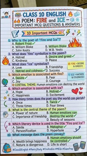 Fire and Ice MCQ Questions and Answers | Class 10 English | Board Exam Important#english #shorts