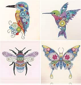 4 Pack Special Shaped Diamond Painting Kits for Adults, Diamond Art Kits for beginner Partial Drill Rhinestone Crystal Diamond Dots for Diy Home Wall Decor (hummingbird, Kingfisher, Butterfly, Bee)