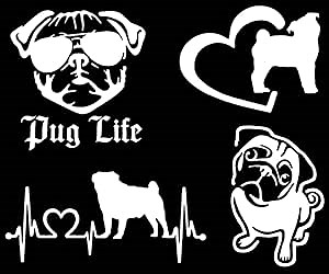 Pug Decal 4 Pack: Pug Life, Pug Heart Silhouette, Pug Heartbeat, Detailed Pug Decals (Large ~5", White)