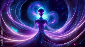 Alien being on surreal planet with flowing energy colors. Interdimensional being. Extraterrestrial entity, alien landscape. Astral entity on astral plane. Cinemagraph 2d hand animation of AI image.
