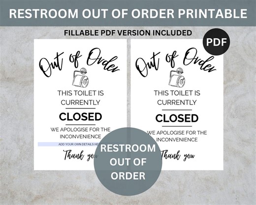 Printable Restroom Out of Service Sign, A4 Toilet Out of Order Notice - PDF Download - Etsy