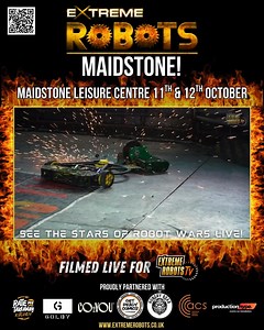 The stars of Robot Wars & Battlebots return to Maidstone Leisure Centre with Extreme Robots on the 11th & 12th October And for a limited time grab 20% off standard, Premium and VIP tickets using the code MAIDSTONE20 Don't miss your chance to see TV legends like Robot Wars champion Eruption, Gabriel, Thor, plus recently announced Battlebots stars Monsoon! And many more plus incredible recreations of the house robots SGT Bash, Growler and Matilda. Extreme Robots is Europes biggest and best robot c