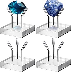 Weysat 4 Pack Clear Acrylic Display Stand, Metal 3 Peg Rock Display Easel Stands for Fossil Coral Crystal Geodes Rock Mineral Agate Small Collectibles Acrylic Holder