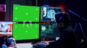 Hacker listening music while using isolated screen PC and AI to steal data. Scammer wearing headphones using artificial intelligence and mockup computer to compromise digital devices, camera A