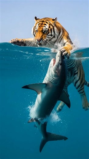 Tiger vs shark: Underwater fight #shorts #shortsfeed #youtubeshorts #viral #animals #sea #ocean #fyp