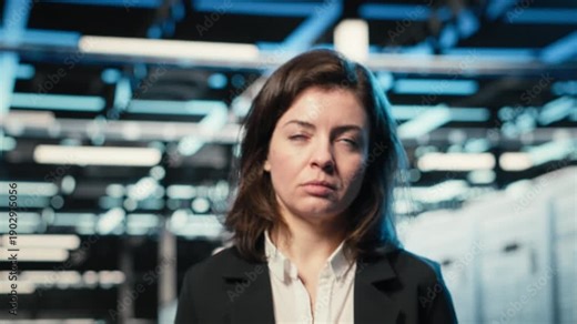 Smiling data center DevOps technician optimizing server load balancing using tablet app. Happy server hub employee worker adjusting system parameters on device to improve efficiency, camera B