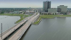 Aerial: Traffic on the Lake Pontchartrain causeway, New Orleans. Louisiana, USA