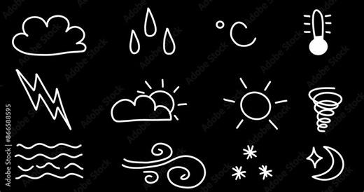 Animated Doodle Weather Icon Set: Cloud, Raindrops, Celsius, Thermometer, Lightning Storm, Sun, Tornado, Fog, Wind, Snow. Cute line Sticker in Sketch Style, Isolated on Black. Hand-Drawn Loop 4K Video
