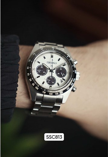 The Iconic “Panda” chronograph that blends heritage with innovation, the Seiko Prospex Speedtimer #SSC813P1. This timepiece is a sleek solar-powered chronograph that blends vintage racing style with modern reliability. Its 39mm stainless steel case houses a crisp white dial with black sub-dials, echoing the iconic panda layout favored by collectors. Powered by the caliber V192, it offers up to six months of power reserve, a 60-minute chronograph, 24-hour sub-dial, date display, and power reserve
