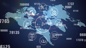 Network of digital icons and multiple changing numbers against world map on blue background | Premium Stock Video Footage