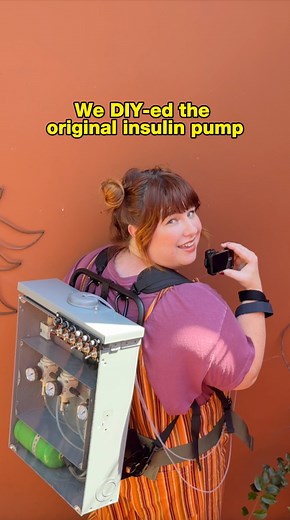 DIY 🤝 diabetes. The original pump could deliver insulin AND glucagon while measuring blood sugar, but it never made it into the hands of those of us living with diabetes. We tried it on for size. Can you imagine bringing this thing to a restaurant or school with you? Maybe that's next episode 👀 | Beyond Type 1