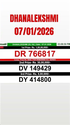Kerala Lottery DHANALEKSHMI DL-34 Result Today | 07/01/2026 RESULT LIVE #KeralaLottery #shorts