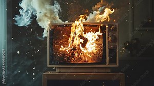 Vintage television catches fire and explodes while surrounded by dust and debris