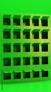 Green Screen christmas advent calendar window reveals to 24 illustrated windows animate open chroma scene 1 with distortion, overlay, glitch, static noise, scan lines on black background, 4k animated