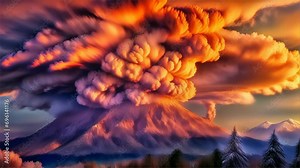 A powerful scene of a vast volcanic ash cloud and intense eruption illuminated by the sunset