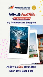 Fly to the Lion City of Singapore for as low as USD 89 roundtrip economy base fare with our #PALUltimateSeatSale2019 best deals! Book NOW at philippineairlines.com CAB Approval Nos.: 2920-08-07-s.2019, 0661-02-22-s.2019, 2965-08-09-s.2019 ASC Reference Code: P056P090319P | Philippine Airlines