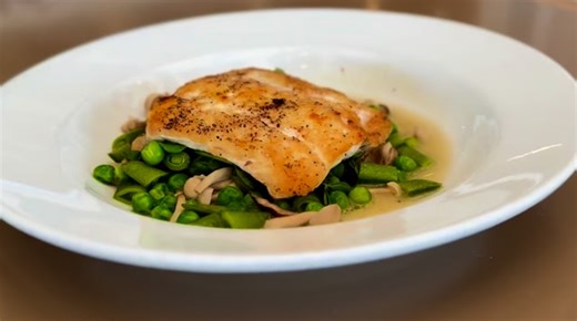Local halibut with English peas, sugar snap peas, pea leaves, wild mushrooms and black truffle butter sauce. | Sam's Chowder House, Half Moon Bay | Facebook