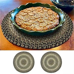 Homespice Pinecone Round Braided Placemats, Warm Country Rustic Decor, Set of 2, 15", Green Jute Table Mats - Vibrant Colors, Durable, Easy to Clean and Protects Furniture