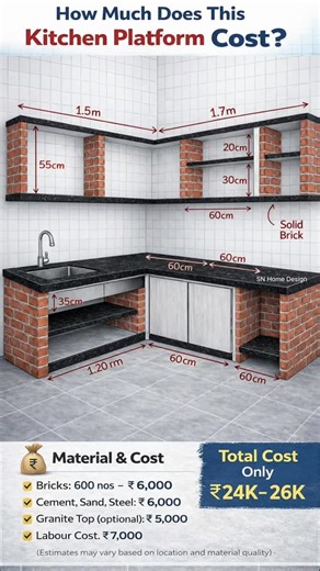 SN Home Design on Instagram: "L-Shaped Brick Kitchen Platform Design | Dimensions, Materials & Cost | ₹24K–26K brick kitchen platform cost kitchen slab cost in India brick kitchen platform design L shaped kitchen platform dimensions kitchen slab size and cost black granite kitchen slab kitchen platform construction details low budget kitchen platform kitchen slab material calculation kitchen civil work cost #KitchenPlatform #BrickKitchen #KitchenSlab #KitchenDesign #CivilEngineering"
