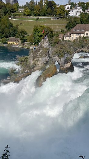 The Rhine Falls, a popular tourist attraction, is known for being the largest waterfall in Europe. It's formed by the Rhine River rushing over erosion-resistant rocks during the last ice age, approximately 14,000 to 17,000 years ago. The falls are divided into smaller waterfalls by limestone rocks, and the middle rock marks the border between the cantons of Zurich and Schaffhausen. #travelblogger #travel #travelgram #switzerland | The amazing places