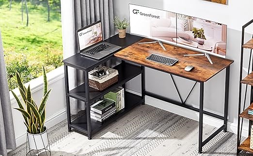GreenFores Small L Shaped Corner Desk with Storage Shelf