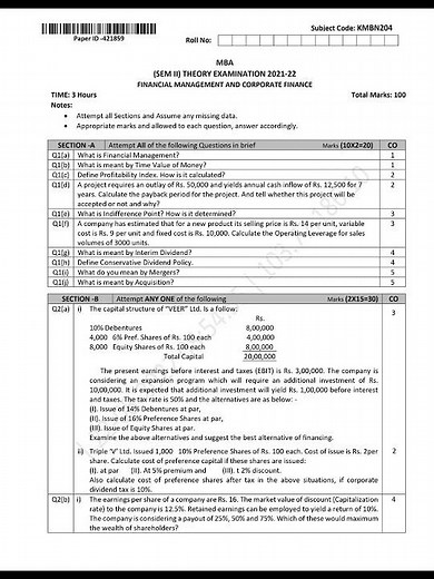 Financial Management and Corporate Finance KMBN204 Question paper 2021-22 || AKTU MBA SEMESTER-2 ||