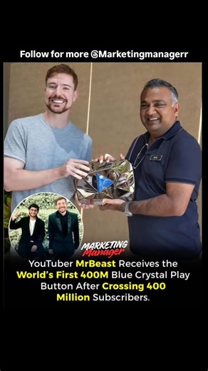 Marketing Manager on Instagram: "YouTube CEO Neal Mohan has presented MrBeast (Jimmy Donaldson) with the world's first-ever Blue Crystal Play Button for crossing 400 million subscribers. Until now, the Red Diamond Play Button (100M) was the highest YouTube award. MrBeast's record-breaking growth forced YouTube to create a new level of recognition. #youtube #mrbeast #bluecrystalplaybutton #viral #trending"