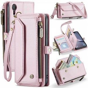 Crossbody for iPhone XR Case Wallet【RFID Blocking】with 10-Card Holder Zipper Bills Slot, Soft PU Leather Magnetic Shoulder Wrist Strap for iPhone XR Wallet Case Women