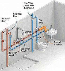 a detailed 3D technical illustration of a commercial or institutional bathroom plumbing system. It uses a color-coded schematic to show how water is distributed from main vertical lines (risers) to specific fixtures like a shower, toilet, and sink. CORE PLUMBING INFRASTRUCTURE The system is built around three primary vertical pipes, known as risers, which typically run through the floors of a building: • Hot Water Riser (Red): Supplies heated water to the bathroom. • Cold Water Riser (Blue): Sup