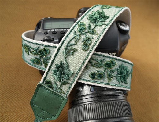 Green Embroidered Fabric Camera Strap Handmade Cotton Linen Strap With Leather Ends Simple & Stylish Floral Strap - Etsy