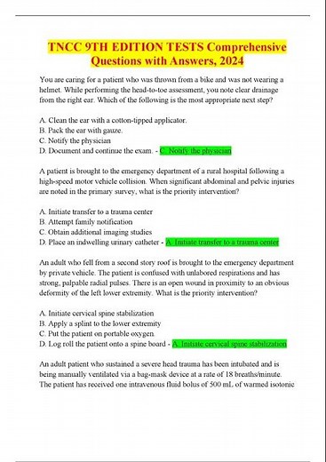 TNCC 9TH EDITION TESTS Comprehensive Questions with Answers, 2024